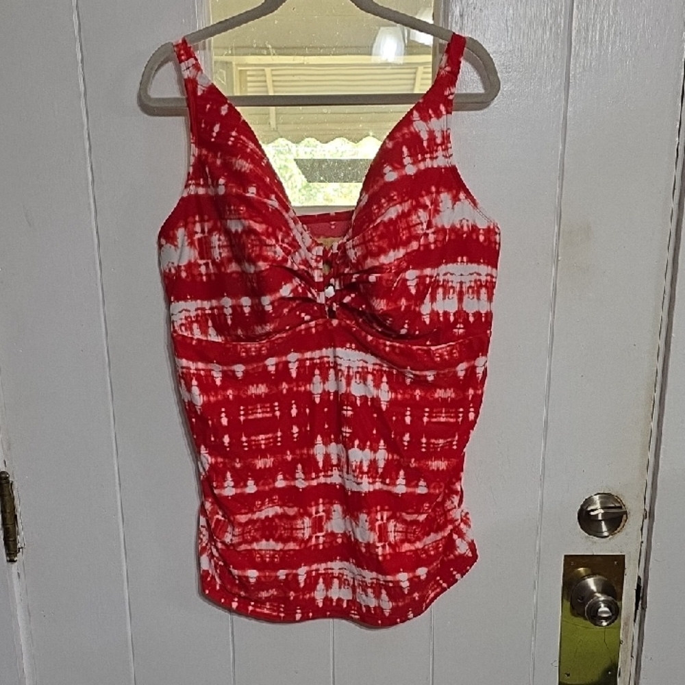 SWIM By Cacique Womens Swim TOP ONLY Underwire Bra Red/White Tie Dye Sz 42G EUC
